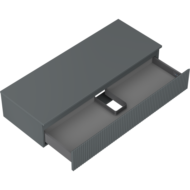 Servantskap uten vask 120 cm grafitt matt med åpen skuff og riflet front, sett skrått ovenfra.