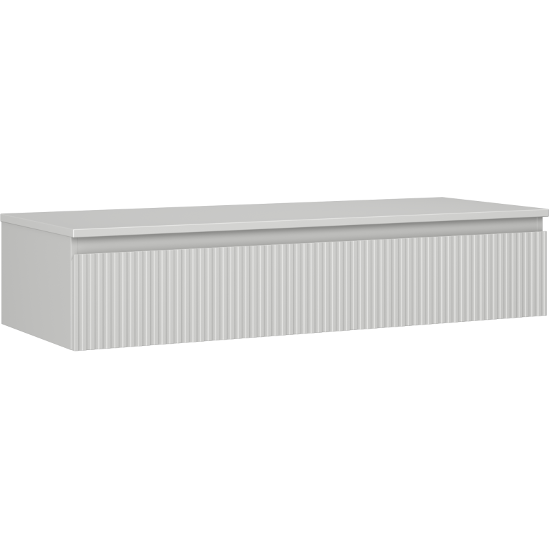 Servantskap 120 cm grå matt med riflet front og én skuff, vist fra skrå vinkel.