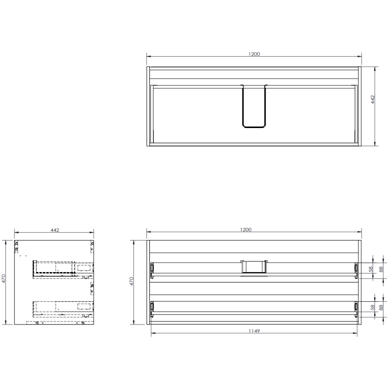 Servantskap teknisk strektegning av Mexen Rivel 120 cm med mål og innvendig konstruksjon.