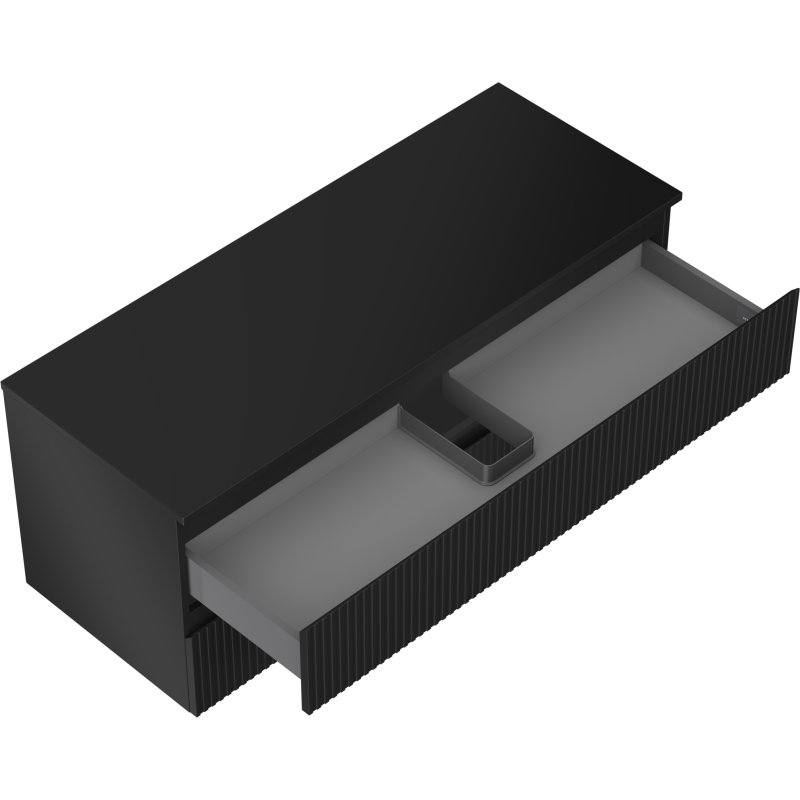 Servantskap uten vask 120 cm svart matt med åpen skuff, inndelte rom og riflet frontpanel.