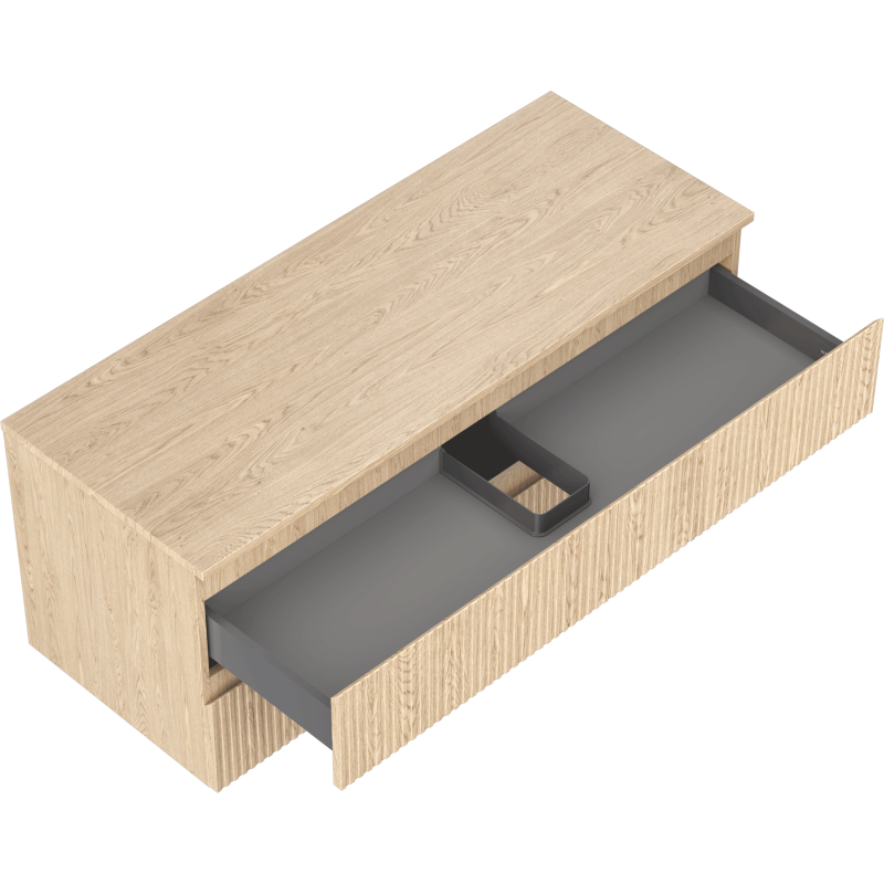 Servantskap uten vask 120 cm i eik med to skuffer, sett skrått ovenfra med åpen grå innvendig skuff.
