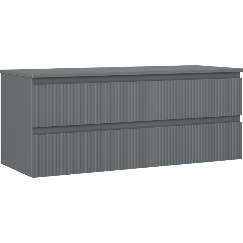 Servantskap 120 cm grafitt matt med to skuffer og vertikale riller, sett fra skrå vinkel.