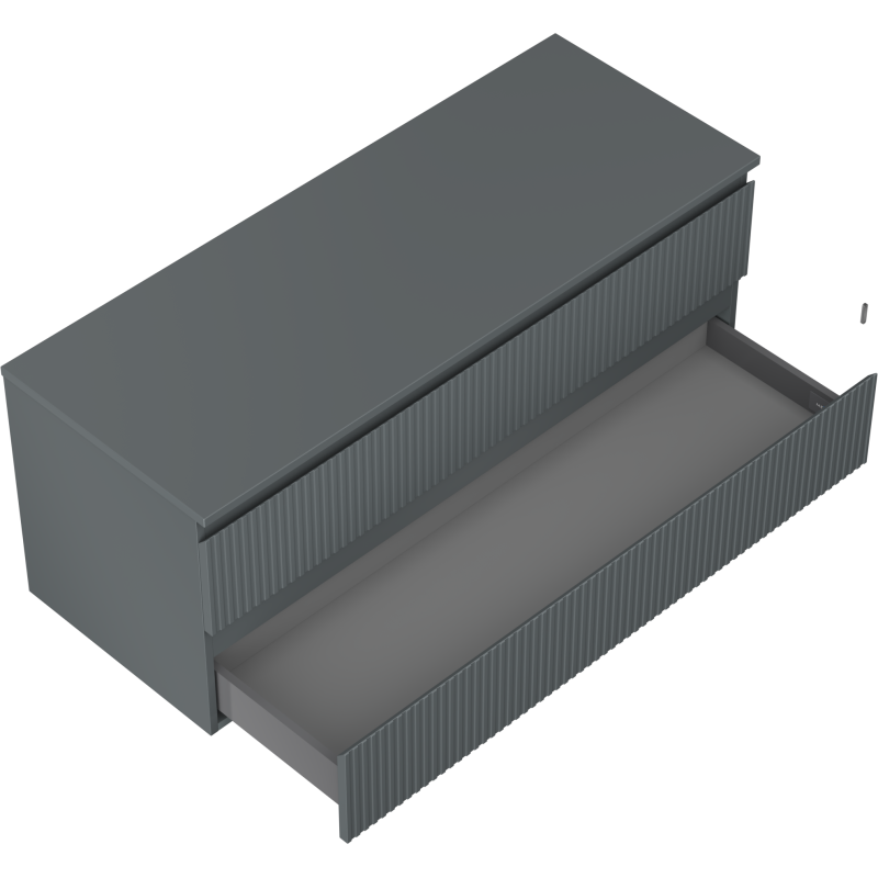 Servantskap til bad 120 cm grafitt matt med store skuffer og vertikale riller, sett skrått ovenfra.