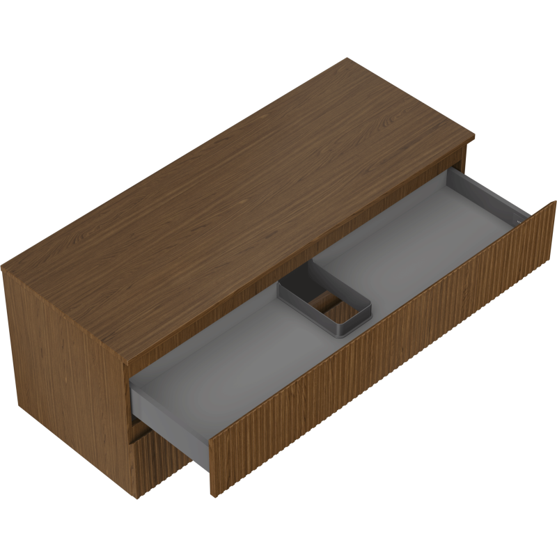Servantskap uten vask i valnøtt, 120 cm, med grå uttrekksskuff og metall romdeler.
