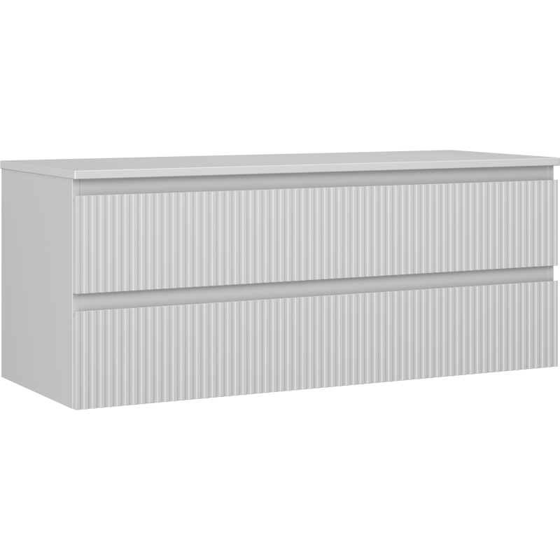 Servantskap 120 cm grå matt med to brede skuffer og vertikale riller, sett skrått forfra.
