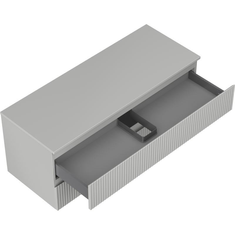Servantskap uten vask hvit metallskuff med riflet front og oppbevaringsinnsats, sett skrått ovenfra.