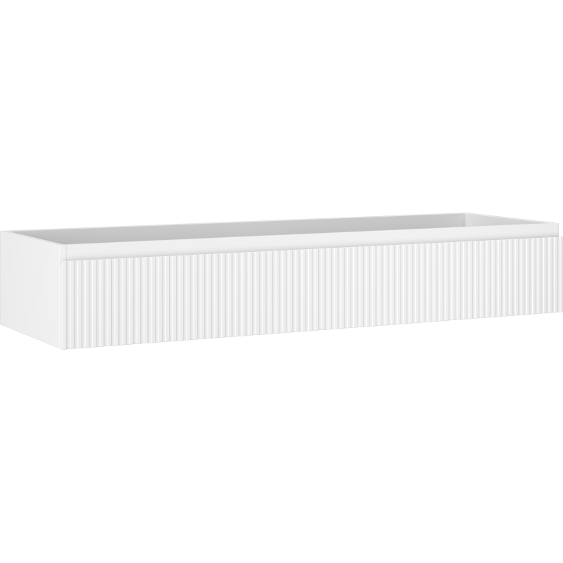 Servantskap 140 cm hvit matt med én skuff og vertikale riller, sett fra siden.