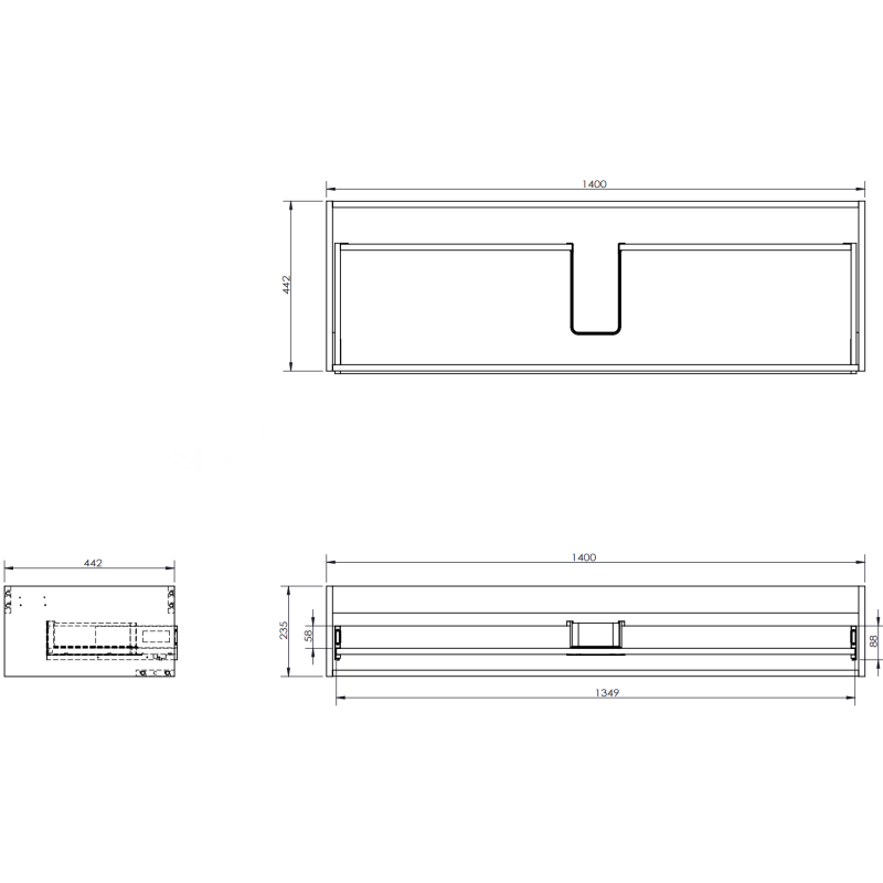 Servantskap til bad 140 cm Mexen Rivel, teknisk tegning med mål og detaljer av front, topp og side.