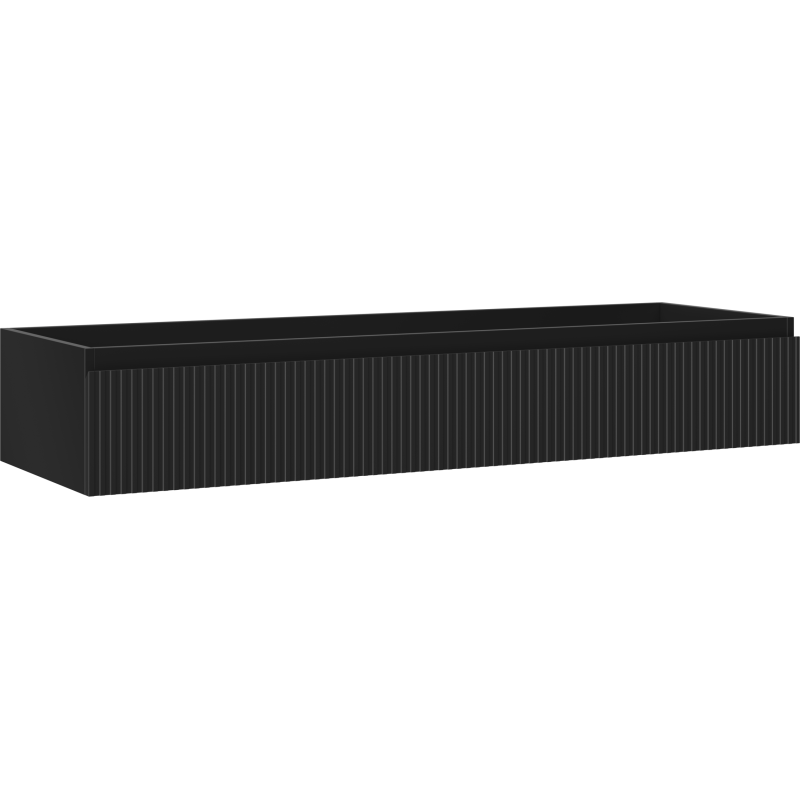 Servantskap 140 cm svart matt med rillemønstret front og én skuff, sett fra skrå vinkel.