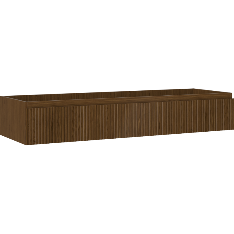 Servantskap 140 cm i valnøtt med riflet front og én skuff, sett fra skrå vinkel.