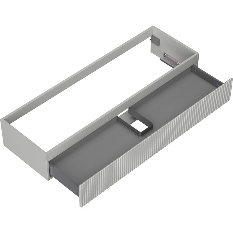Servantskap uten vask 140 cm grå matt med riflede fronter og sort inndeling, sett skrått ovenfra.