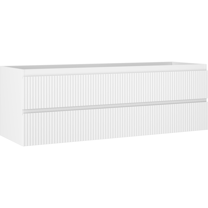 Servantskap 140 cm hvit matt med vertikale riller, skrå forfra, to skuffer, Mexen Rivel.