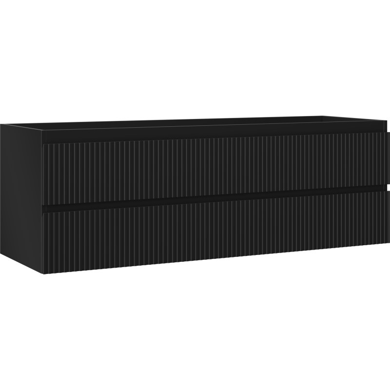 Servantskap 140 cm svart matt med riflet front og to skuffer, sett fra skrått sideperspektiv.