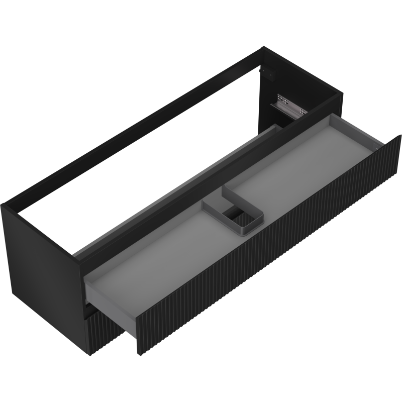 Servantskap uten vask 140 cm svart matt med ribbet front og delvis åpen inndelt skuff.