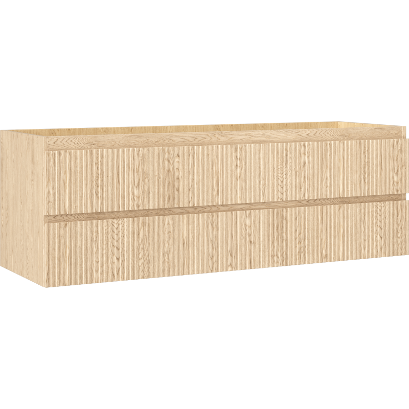 Servantskap 140 cm i lys eik med to brede skuffer og vertikal riflet front, sett fra skrå vinkel.