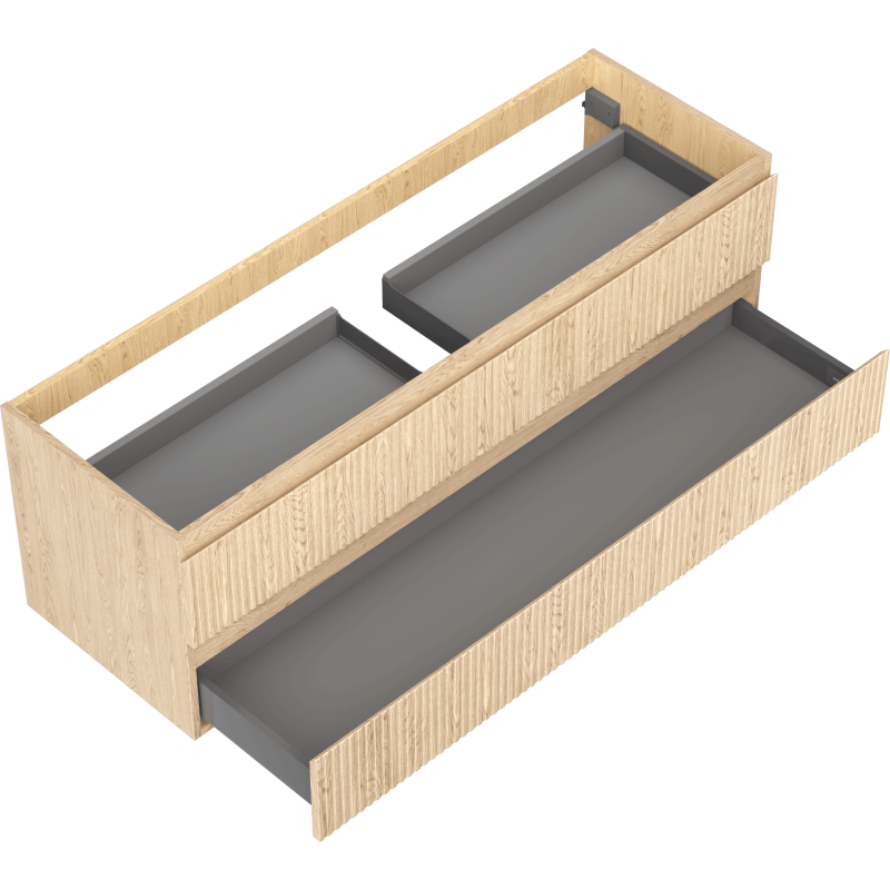 Servantskap til bad i eik med riflet front, to åpne skuffer og grå innside, sett skrått ovenfra.