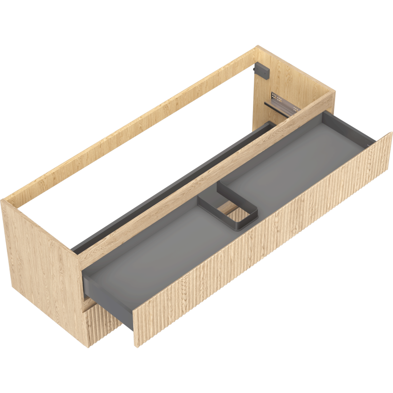 Servantskap uten vask 140 cm i eik med riflet front og åpen grå skuff med rektangulær inndeling.