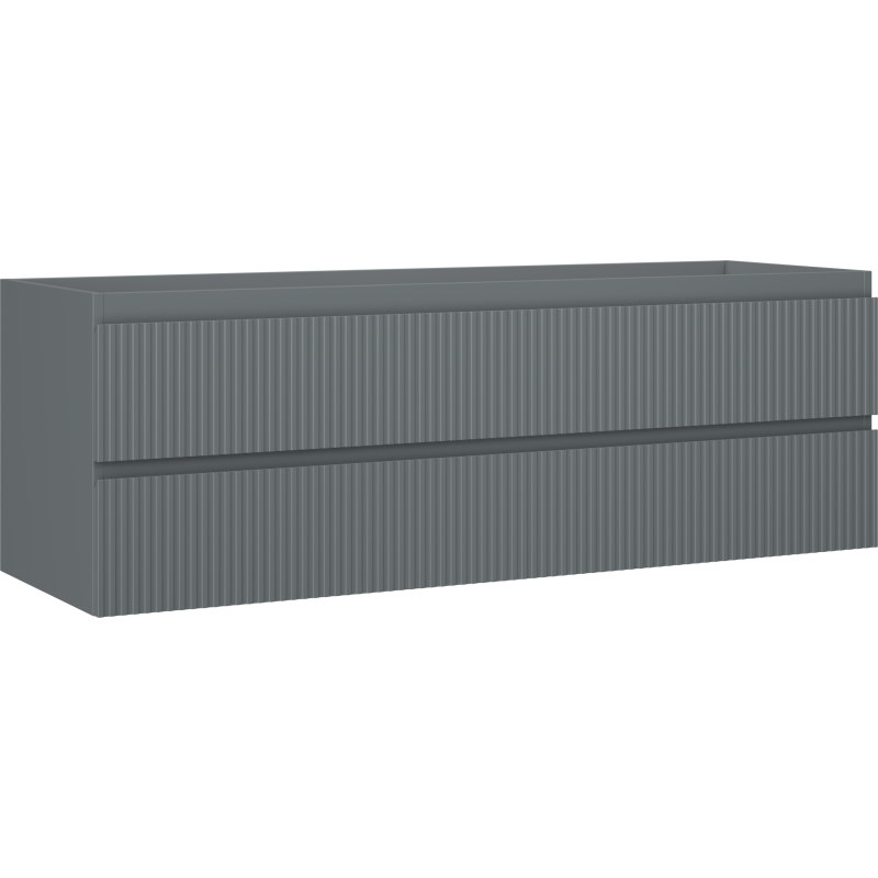 Servantskap 140 cm grafitt matt med to skuffer og vertikale riller, sett skrått forfra.