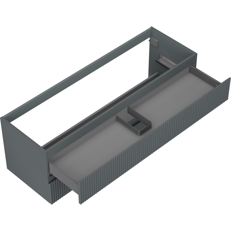 Servantskap uten vask 140 cm Mexen Rivel grafitt matt med åpnet skuff og vertikale riller.