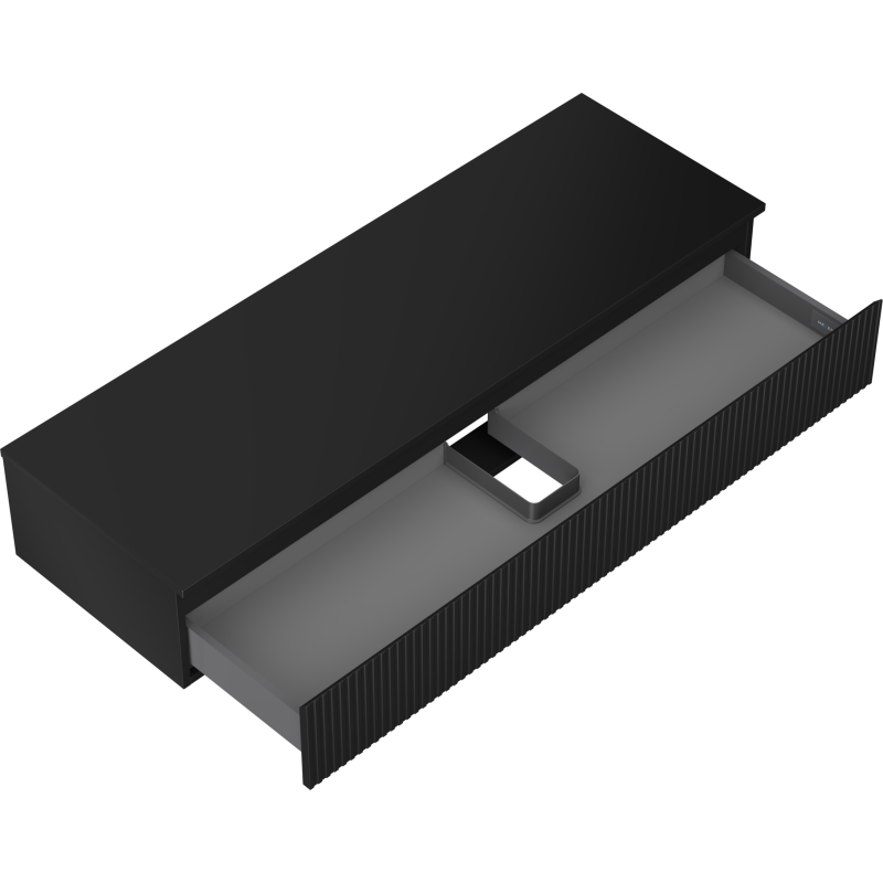 Servantskap uten vask svart Mexen Rivel 140 cm med rillet front, én åpen skuff og avtagbar inndeling.