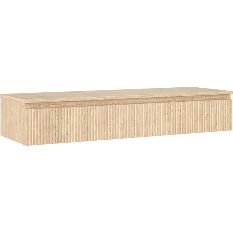 Servantskap 140 cm i lyst eiketre med én skuff og riflet front, sett fra skrå vinkel.