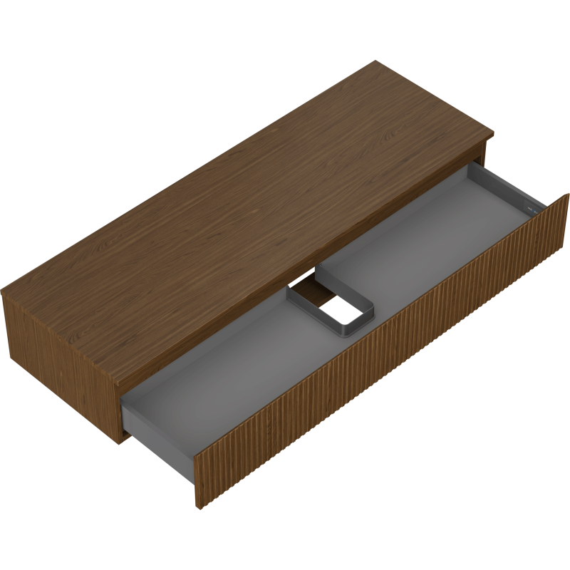 Servantskap uten vask 140 cm i valnøtt med åpen riflet skuff og lysegrå innside, sett ovenfra.