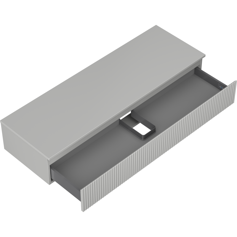 Servantskap uten vask grå matt 140 cm med riflet front og åpen skuff med innvendig organisering.