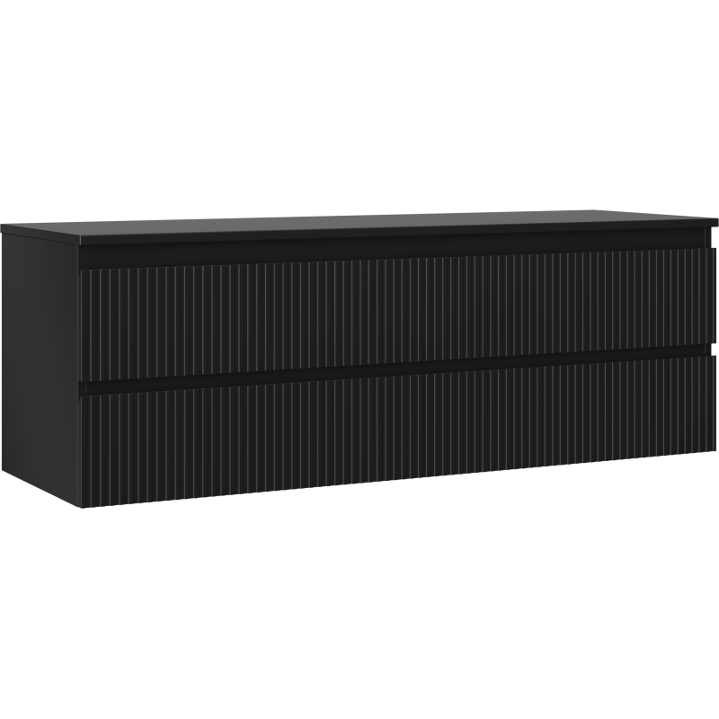 Servantskap 140 cm svart matt med 2 skuffer og vertikale riller, sett skrått forfra.
