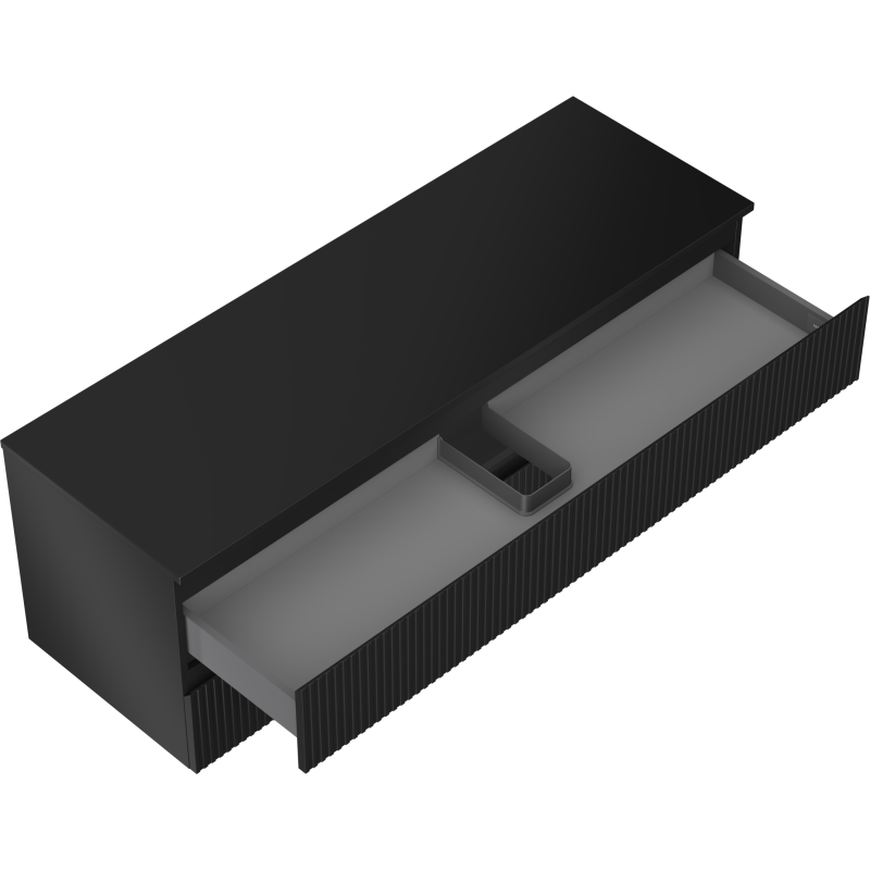 Servantskap uten vask svart Mexen Rivel 140 cm med åpne skuffer og rillemønstret frontpanel.