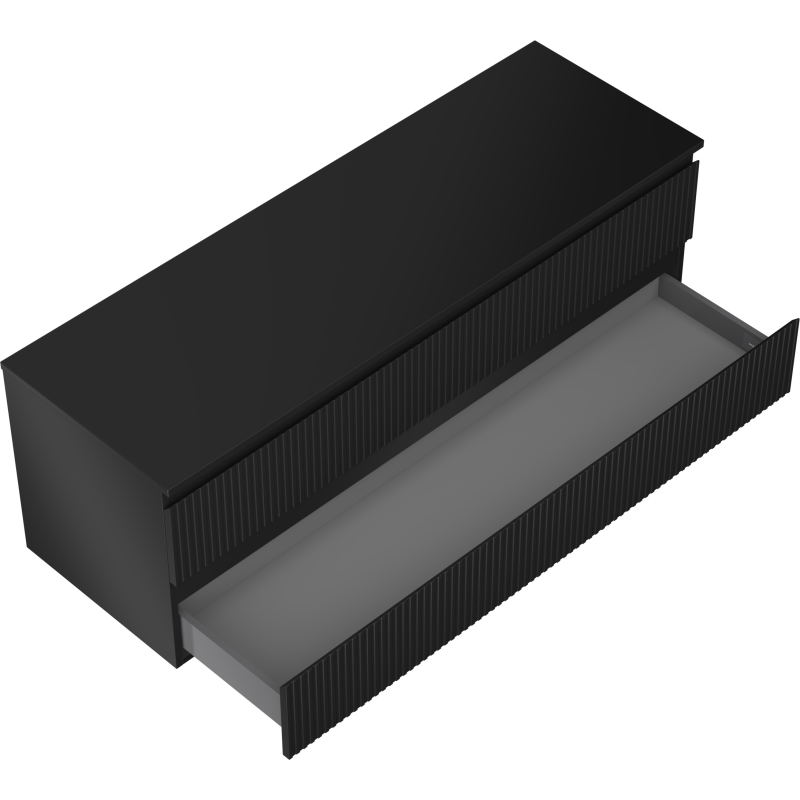 Servantskap til bad i svart matt med vertikale riller og én stor skuff trukket ut, sett skrått ovenfra.