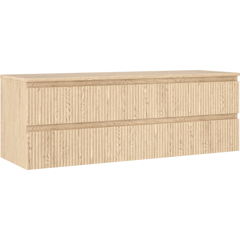 Servantskap 140 cm i eik med riflet front og to skuffer, sett skrått fra venstre.