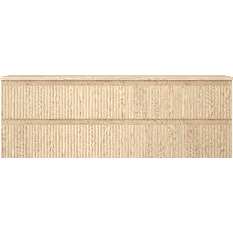 Underskap til servant i eik med riflet front og to skuffer, sett rett forfra uten håndtak.