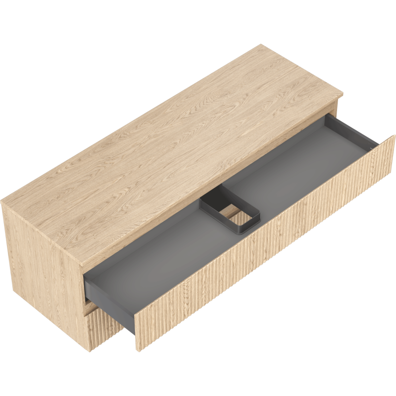 Servantskap uten vask 140 cm i lys eik, to skuffer med riflet front og grå innredning med avdeler.