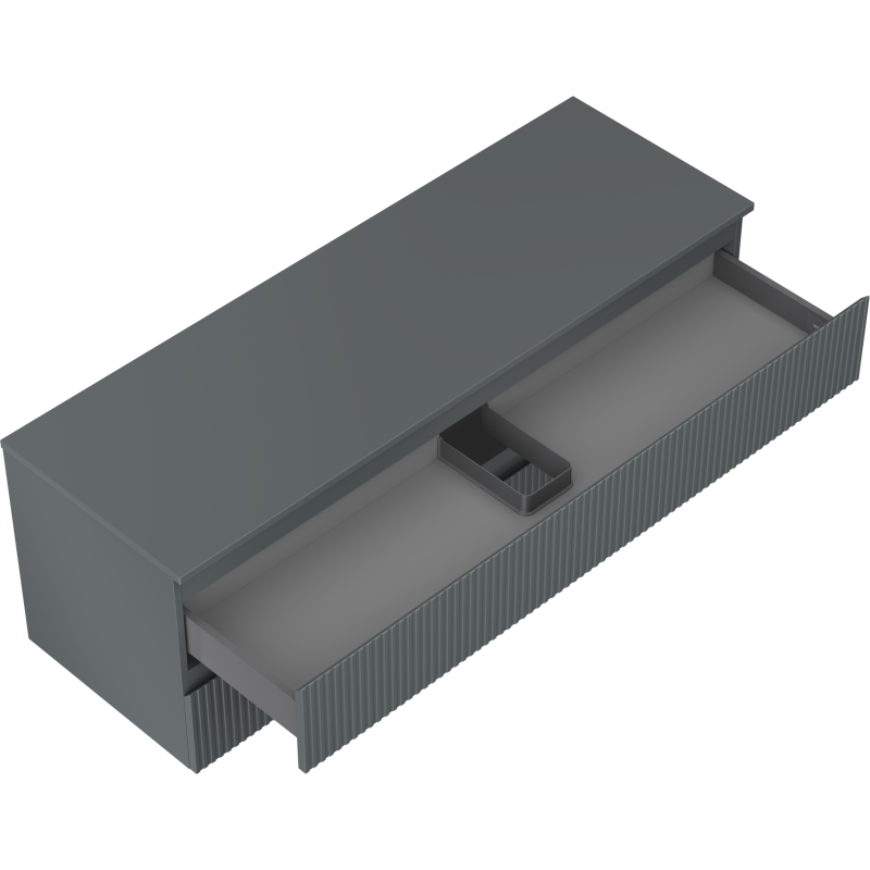 Servantskap uten vask 140 cm grafitt matt med åpen skuff og sort rominndelingsbrett, rillemønstret front.