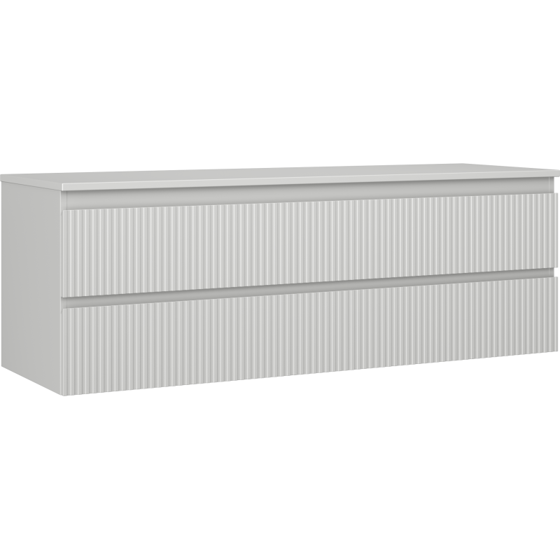 Servantskap 140 cm grå matt med to brede skuffer og vertikale riller, sett fra skrå vinkel.