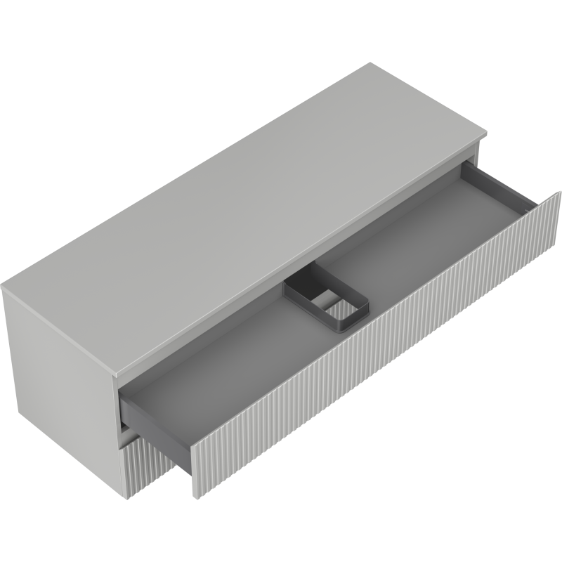 Servantskap uten vask 140 cm grå matt med åpen skuff og riflete front, sett ovenfra.