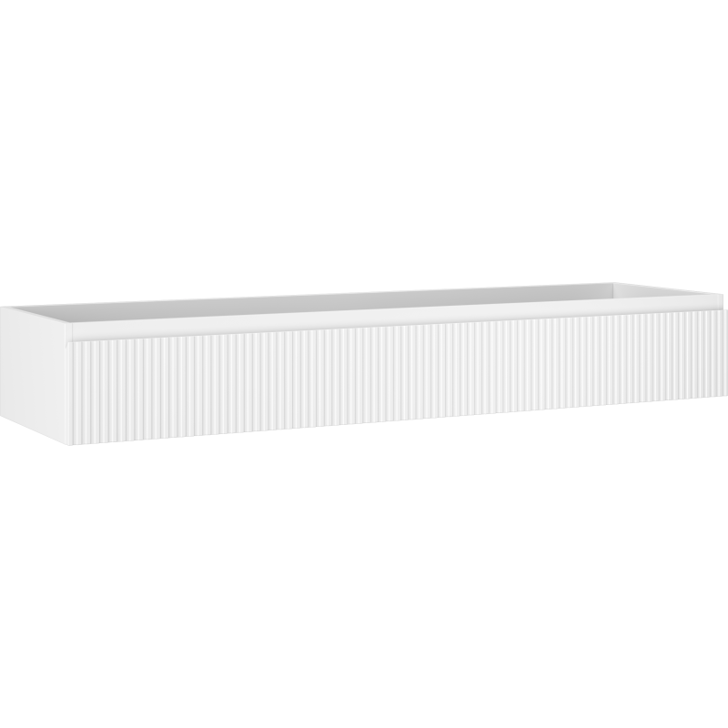 Servantskap 160 cm hvit matt med én skuff og riflet front, sett skrått forfra.