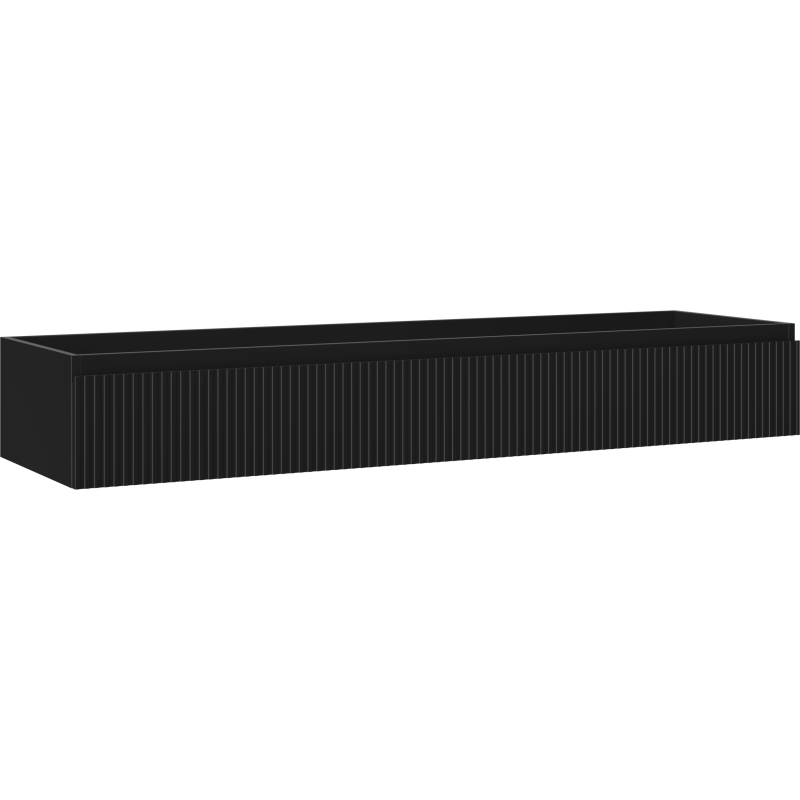 Servantskap 160 cm svart matt med én skuff og riflede detaljer, sett fra skrå vinkel.