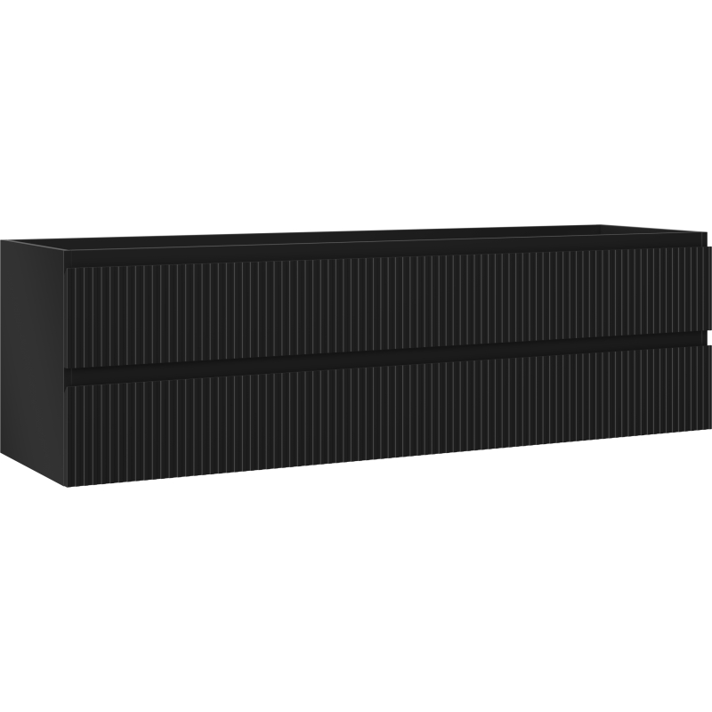 Servantskap 160 cm svart matt med riflet front og to skuffer, sett fra skrått frontperspektiv.