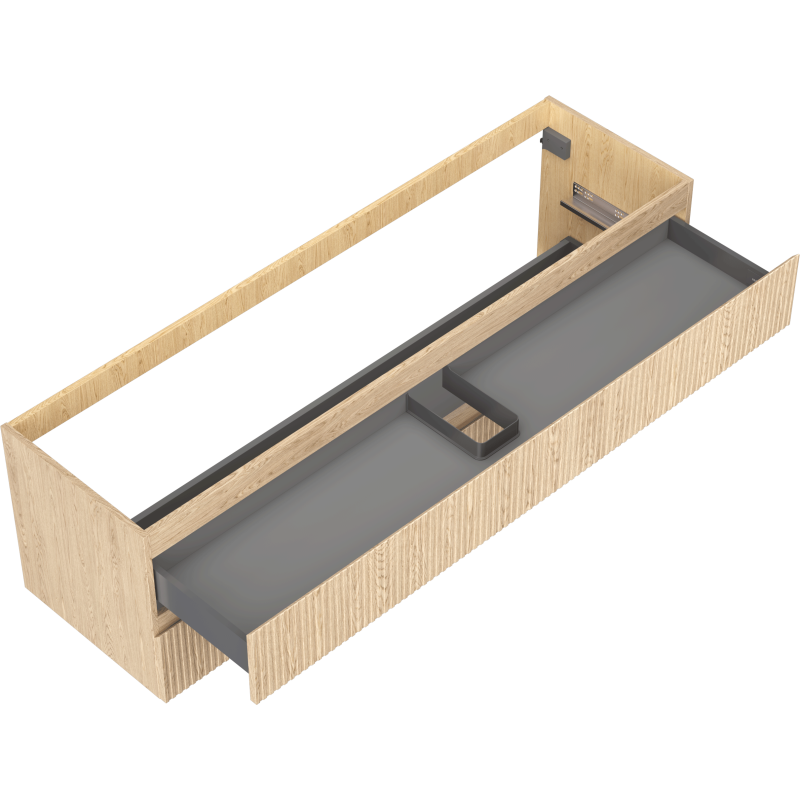 Servantskap uten vask 160 cm i eik med riflet front, åpen skuff og grå plassdeler.