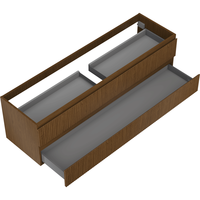 Servantskap til bad 160 cm Mexen Rivel i valnøtt med to grå skuffer, sett skrått ovenfra.