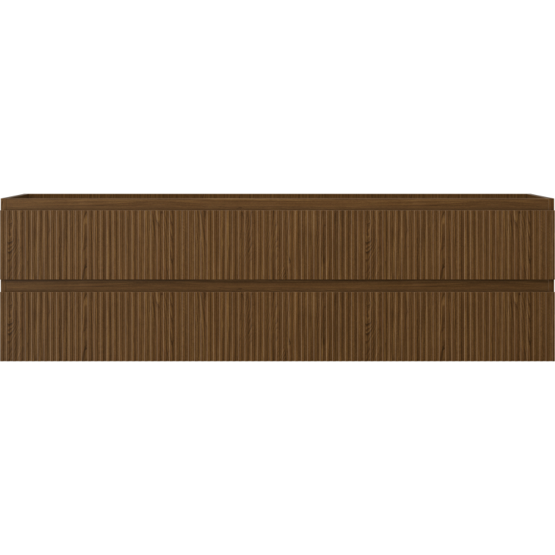 Underskap til servant i valnøtt med vertikalt rillet mønster og to skuffer, sett rett forfra.