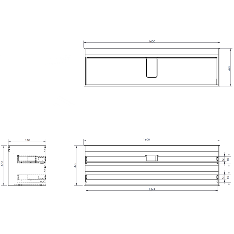 Servantskap teknisk tegning av Mexen Rivel 160 cm med mål, sett forfra, fra siden og ovenfra.
