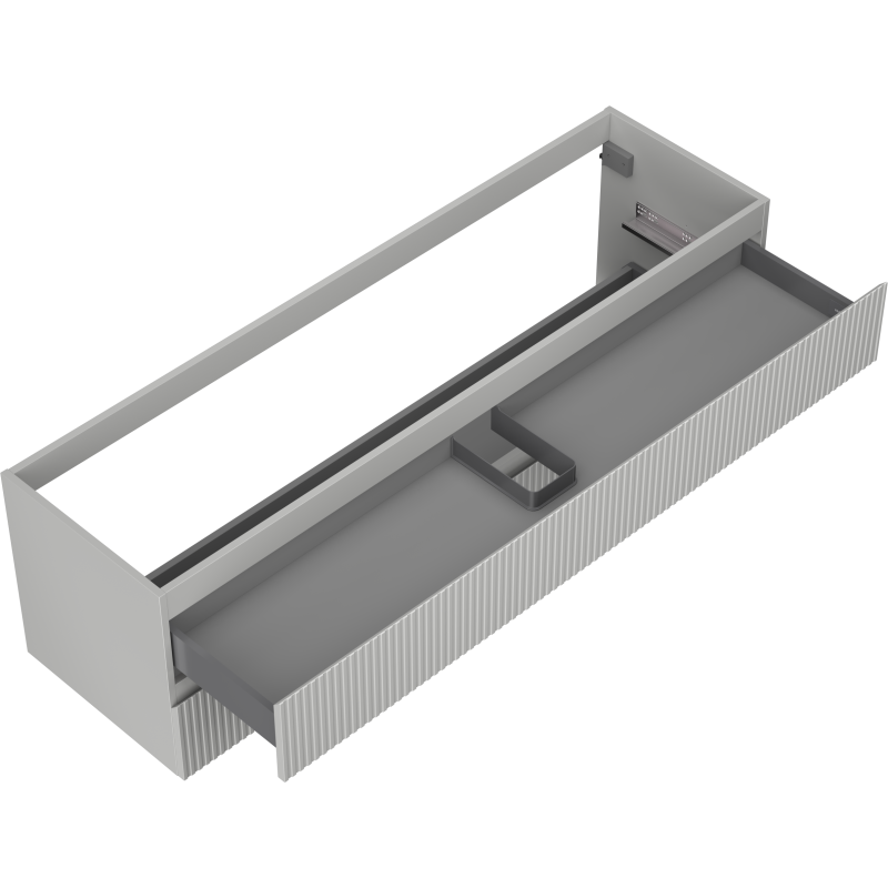 Servantskap uten vask 160 cm grå matt med åpnet skuff og vertikale riller, sett fra skrå vinkel.