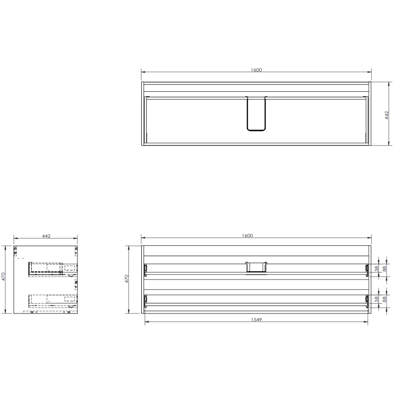 Servantskap teknisk tegning med mål for Mexen Rivel 160 cm grå matt med to skuffer.