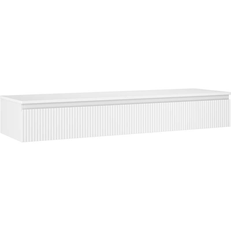 Servantskap 160 cm hvit matt med én skuff og vertikale riller sett skrått forfra.