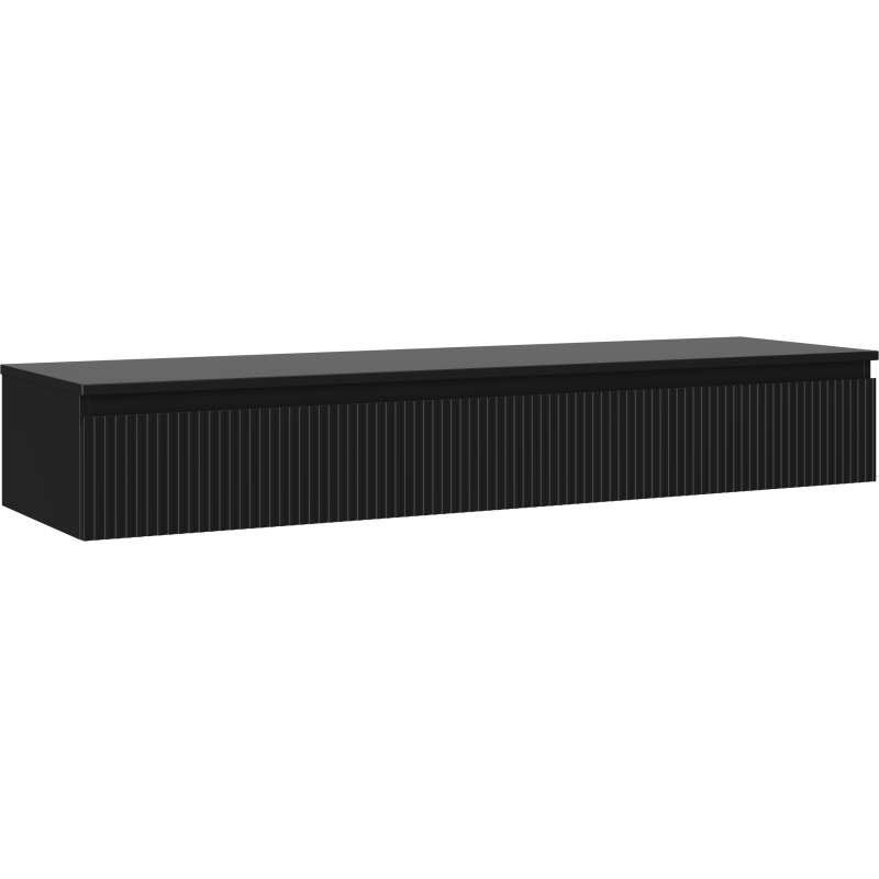 Servantskap 160 cm svart matt med riflet front og én skuff, sett fra skrå vinkel.