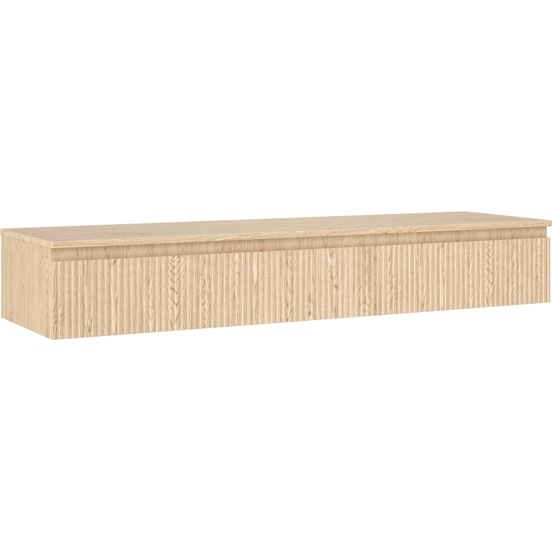 Servantskap 160 cm i lyst eik med én skuff og riflet front, sett skrått forfra.