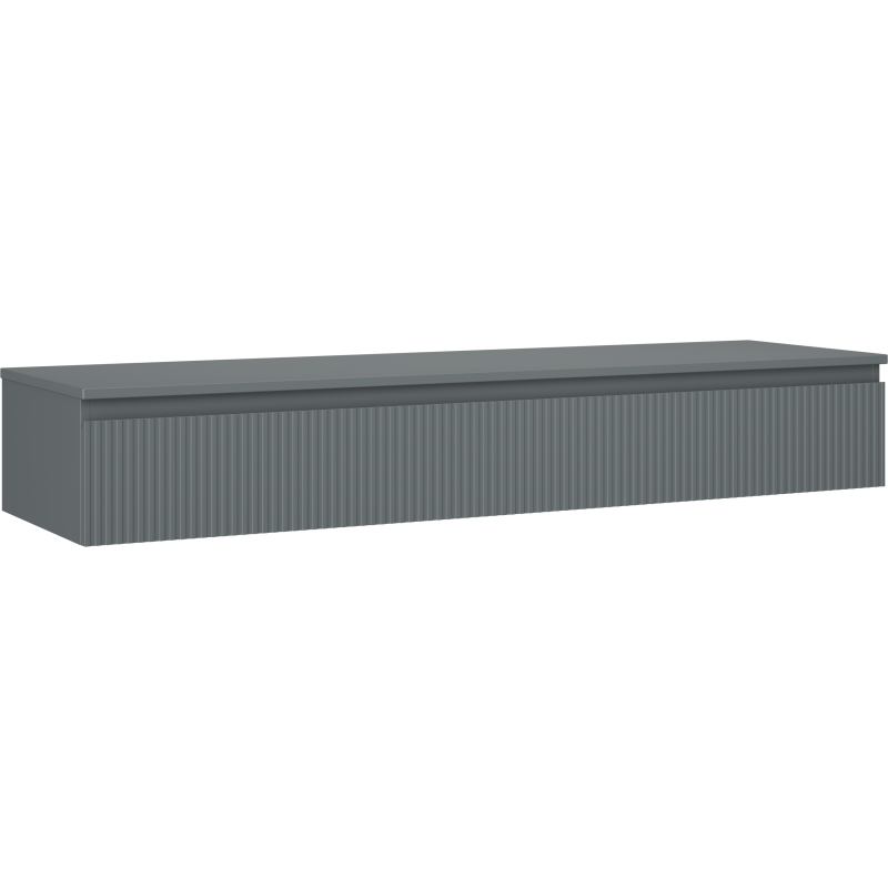 Servantskap 160 cm grafitt matt med én riflet skuff, sett fra skrå vinkel mot vegg.