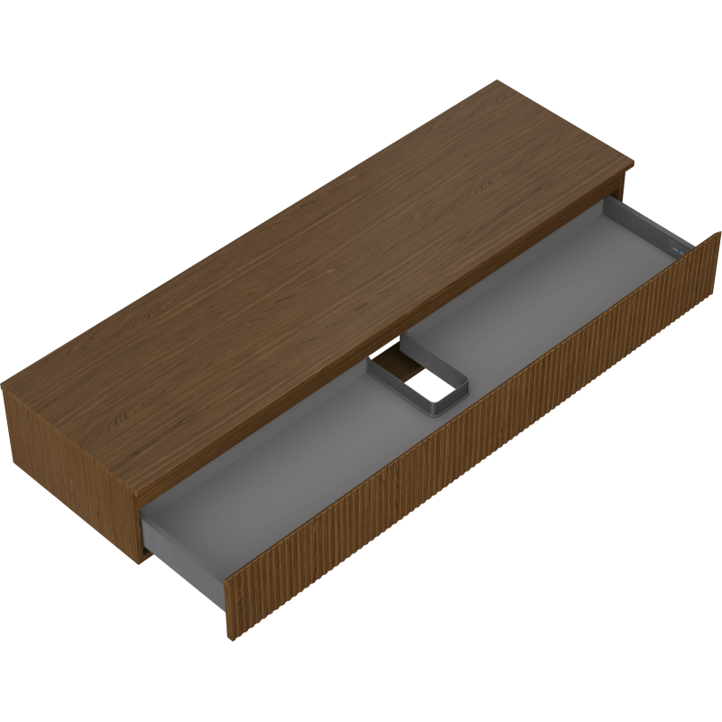 Servantskap uten vask i valnøtt med én åpen grå skuff og riflet front, sett skrått ovenfra.